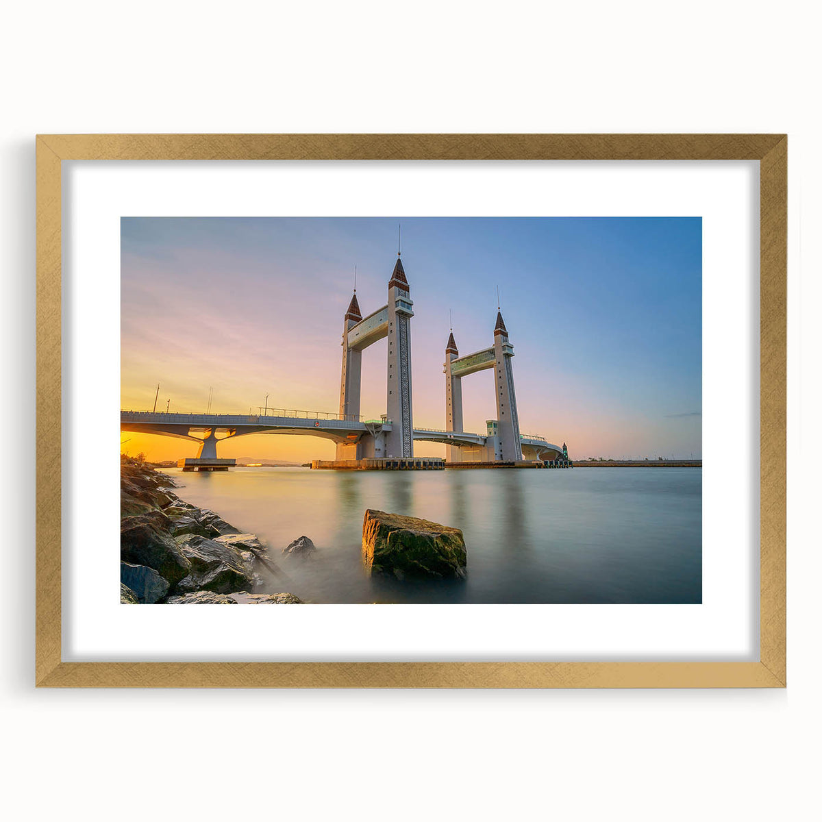 Abstract art print of London scenery in muted gold and blue tones on a framed canvas, suitable for dining room decor.