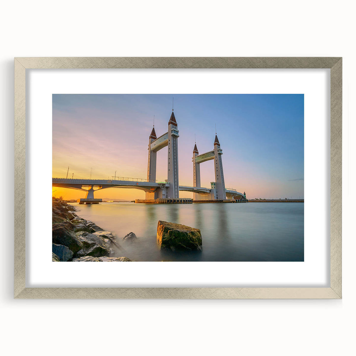Extra large abstract art print of London scenery in muted gray and silver tones, framed with a matte silver finish.