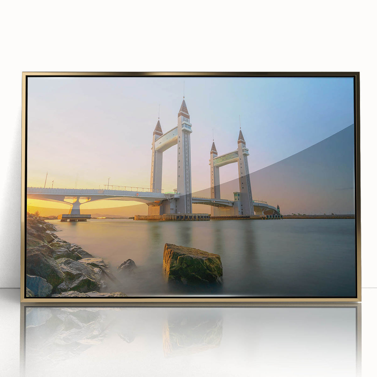 Art Deco poster of London skyline in gold and black tones on acrylic, ideal for modern art wall decor.