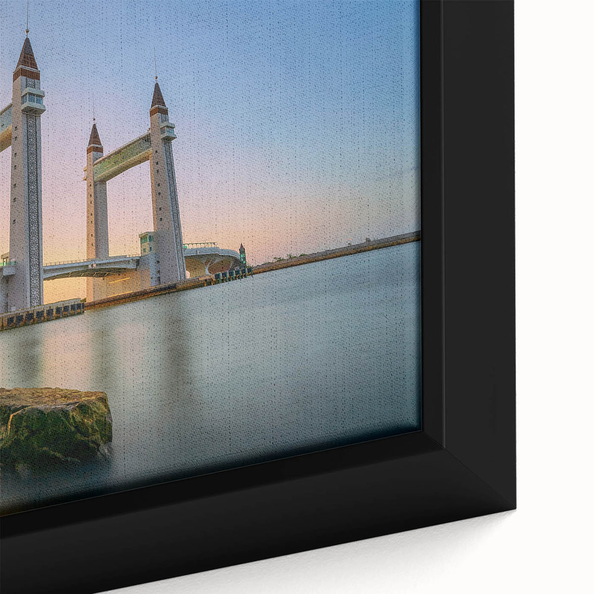 Extra large framed canvas featuring a textured depiction of the London skyline in black with colorful accents.