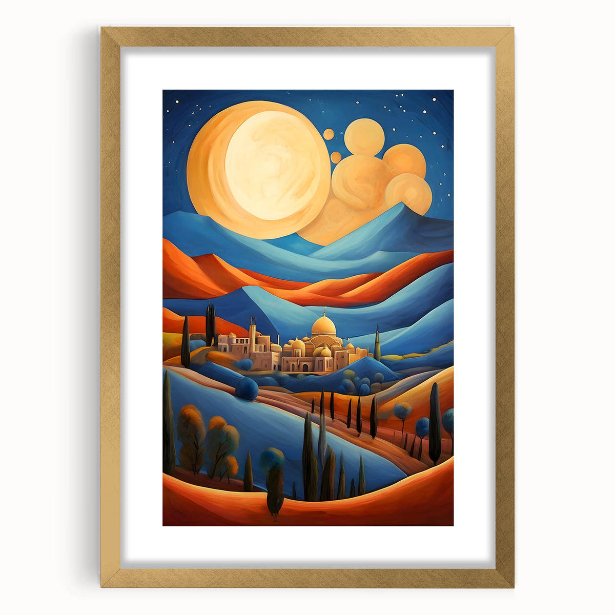 Extra large abstract art print of a Middle Eastern scenery in textured gold tones on a framed canvas.