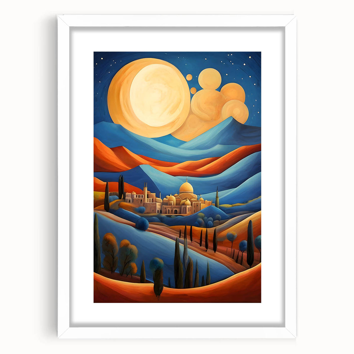 Abstract art print depicting a Middle Eastern scenery in muted earth tones on a framed white mat.