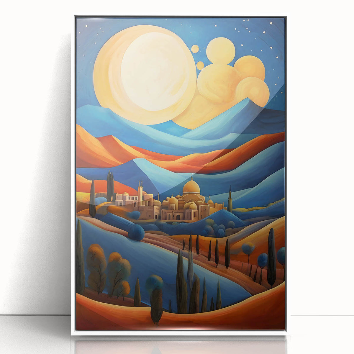 Art deco poster of a Middle Eastern landscape in muted earth tones, acrylic print framed in white.