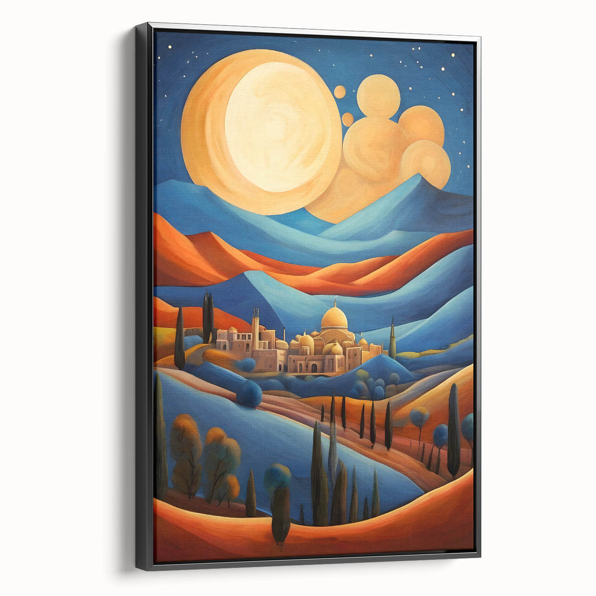 Framed canvas of a black and white vintage landscape painting of a Middle Eastern scenery, ideal for bedroom decor.