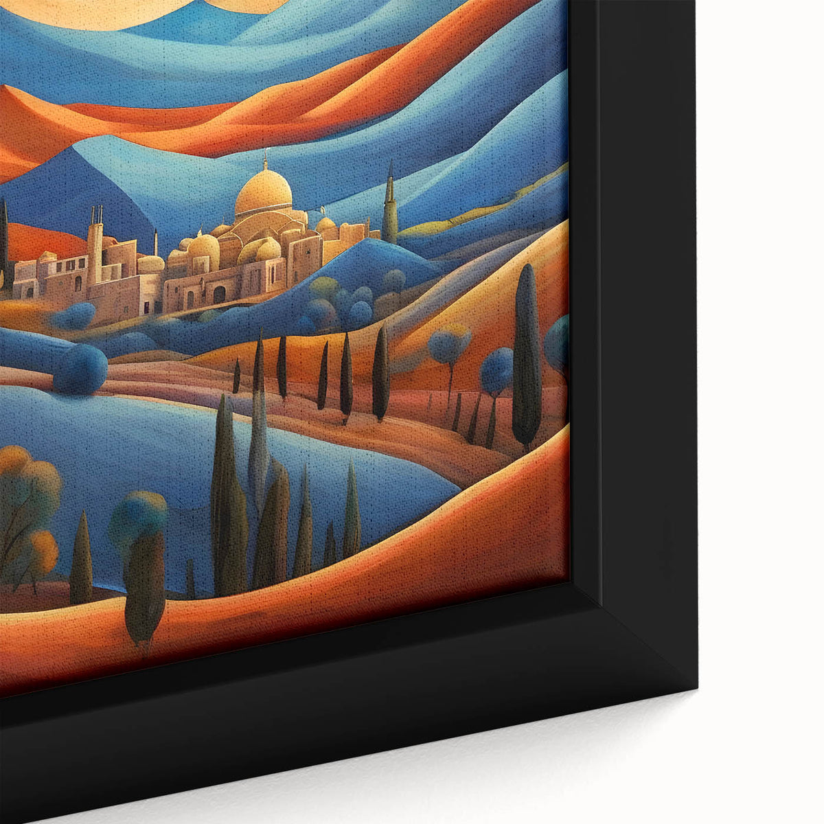 Extra large framed canvas featuring a textured black wall art scene of a Middle Eastern landscape.