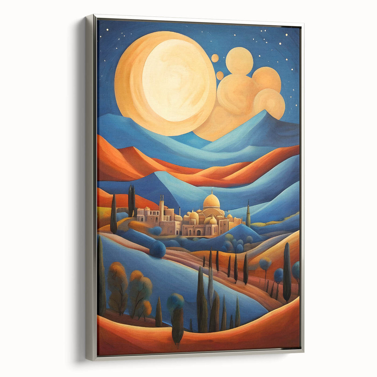 Framed canvas featuring a colorful landscape art painting of a Middle Eastern scenery.