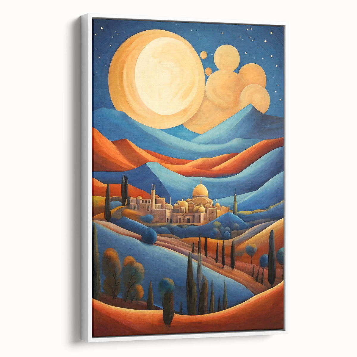 Vintage poster art of a Middle Eastern scenery in vibrant colors on a large framed canvas, ideal for living room decor.