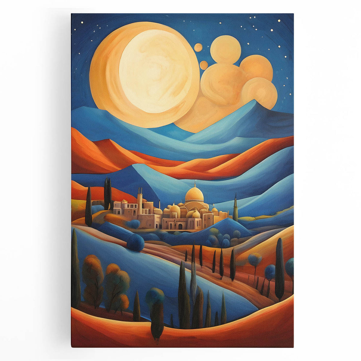 Black and white stretched canvas of a Middle Eastern landscape, ideal for kitchen wall art.