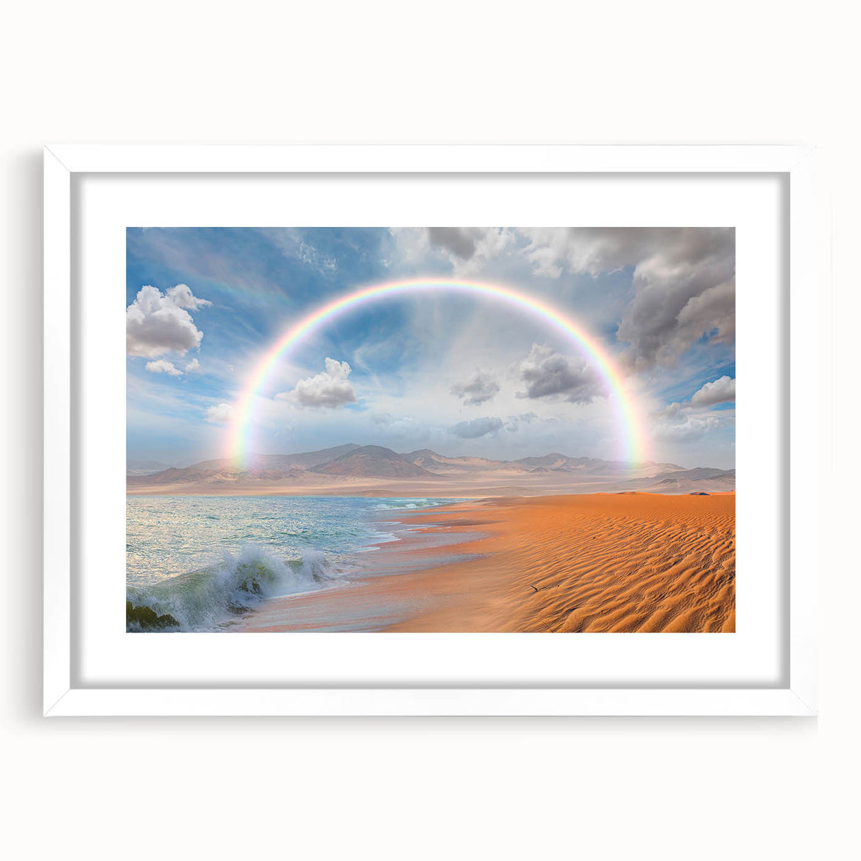 Extra large abstract art print depicting a textured Namibian landscape in earthy tones, framed in white.