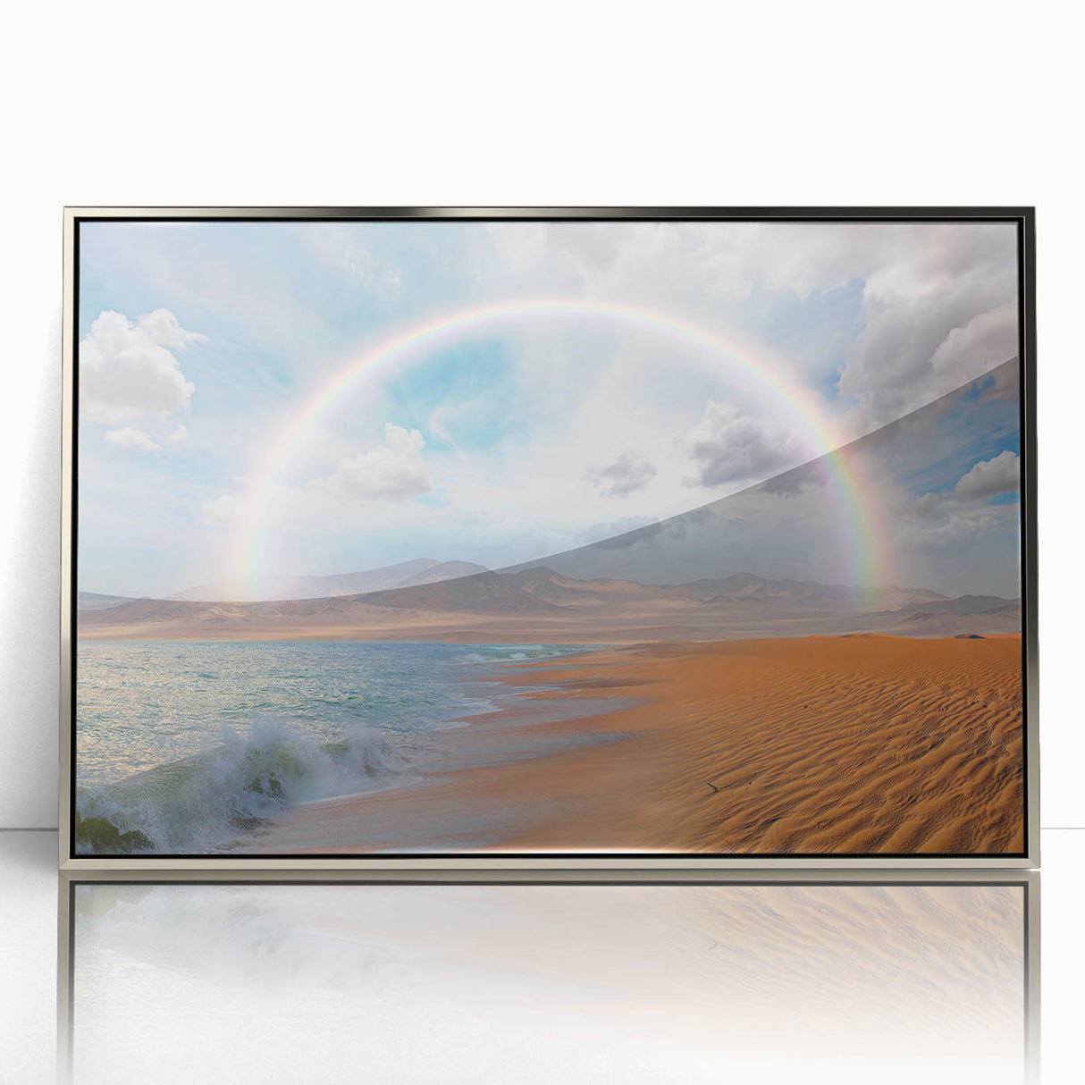 Acrylic print of an African landscape featuring muted earth tones and a silver frame, suitable for modern art wall decor.