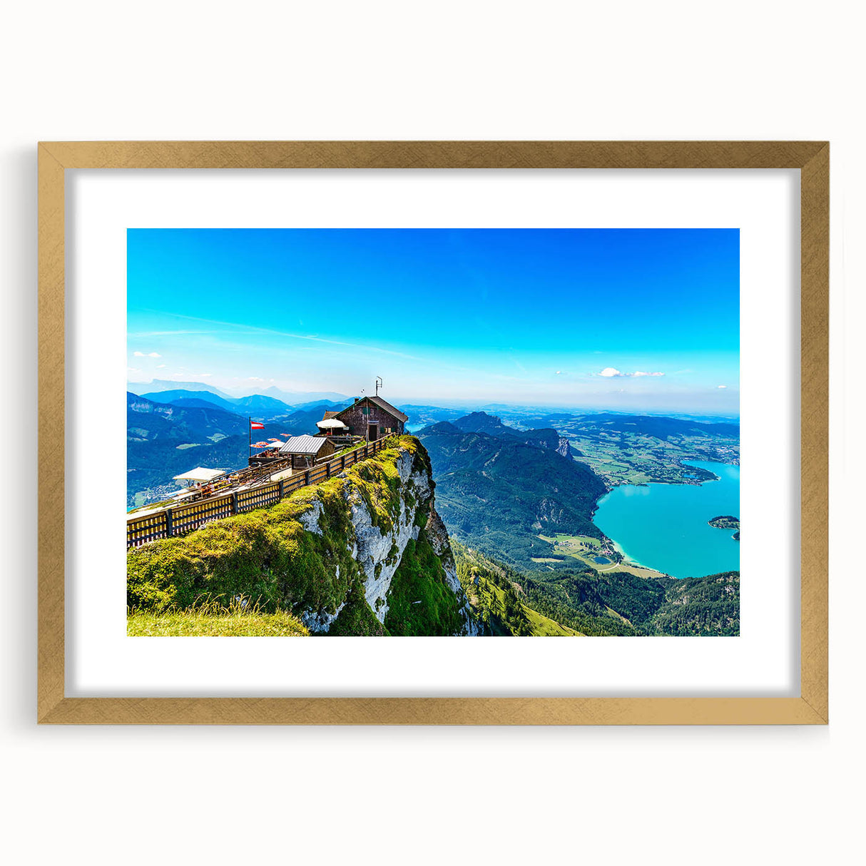 Abstract art print of a European landscape in muted earth tones on a gold-framed canvas, suitable for dining room decor.