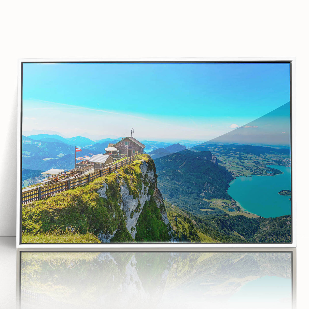 Mid-century modernist art depicting a serene Austrian landscape in muted earth tones on a framed acrylic.