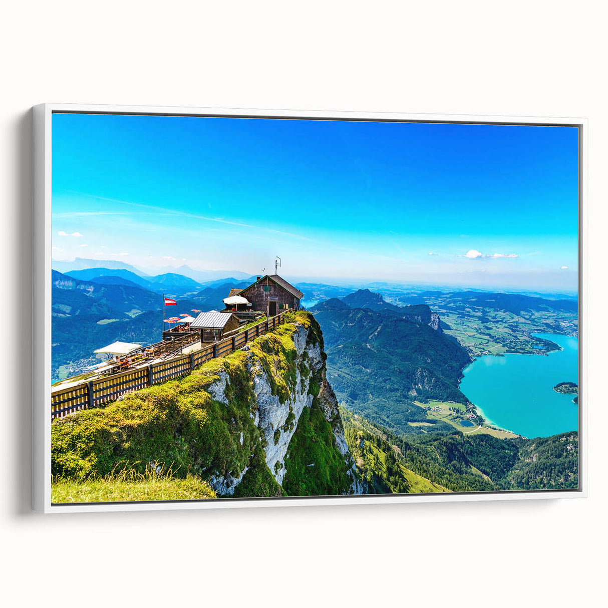 Vintage poster art of a scenic European landscape on extra-large framed canvas, ideal for living room decor.