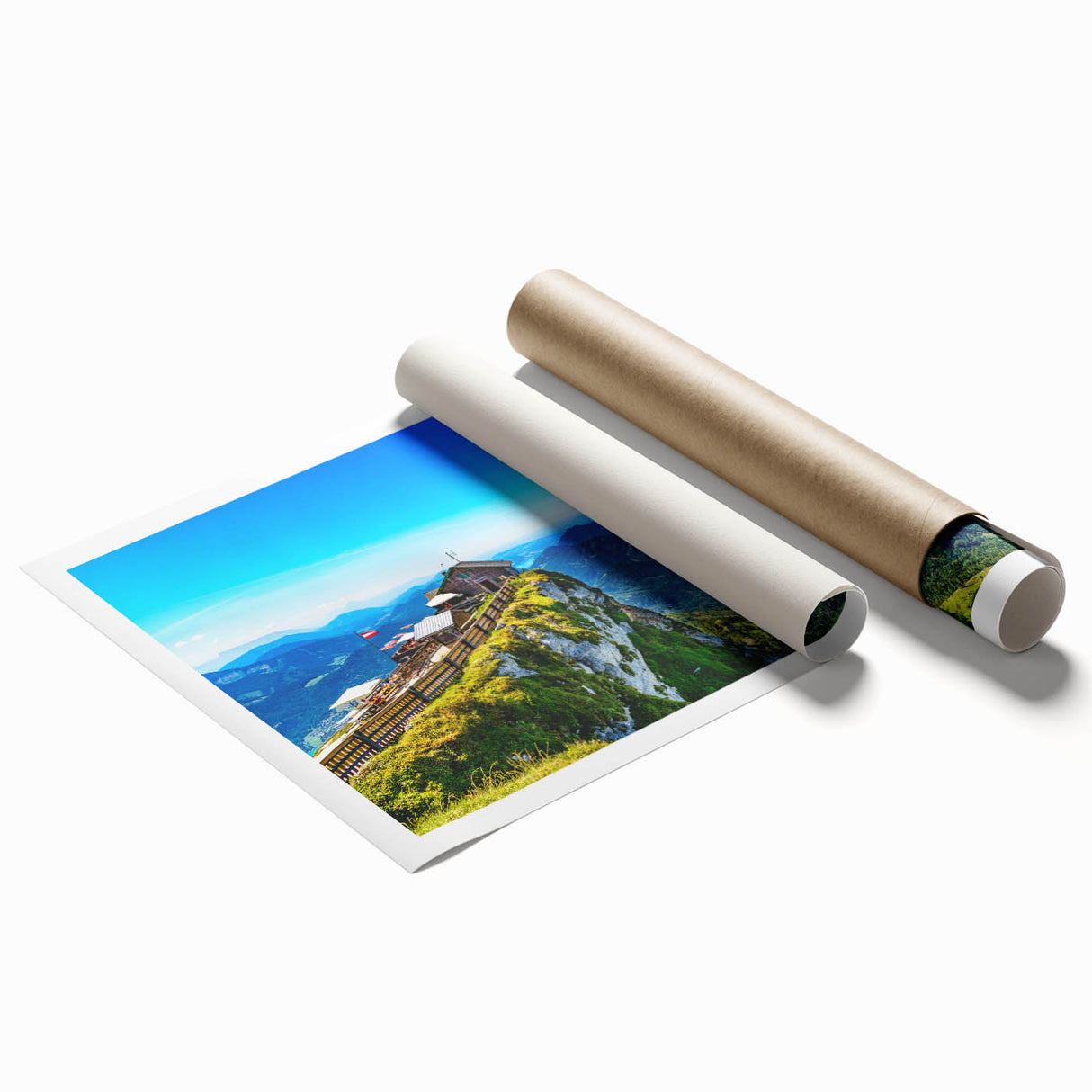 Extra large rolled print of a serene Austrian landscape with lush greenery and floral elements.