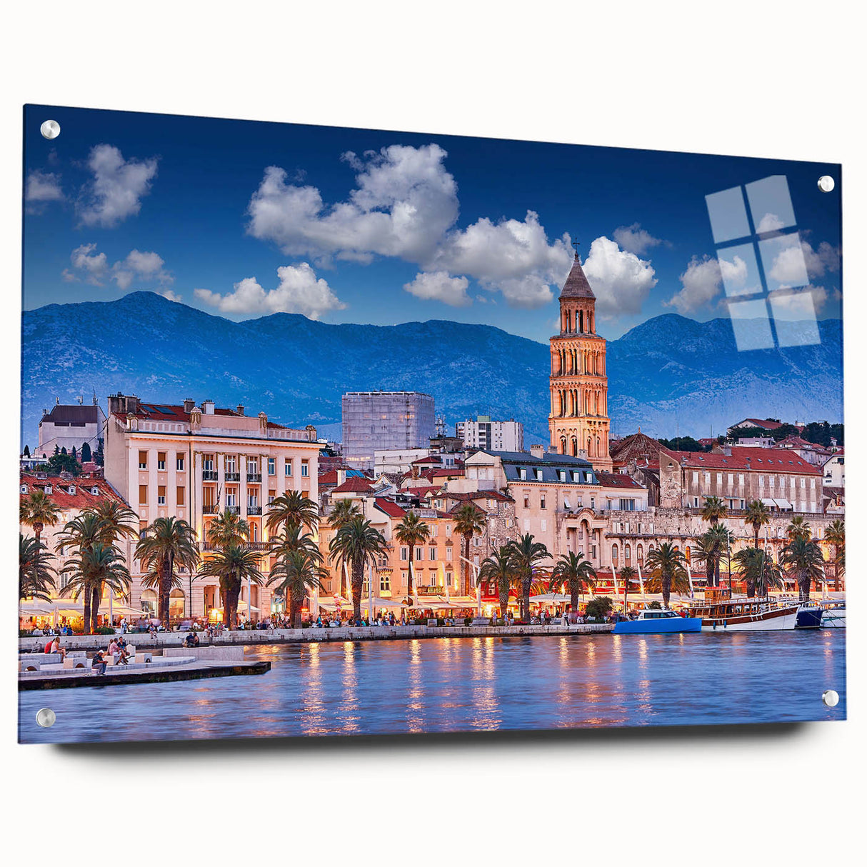 Acrylic print of a European Croatian landscape, featuring vivid blue and green tones, ideal for dining room decor.