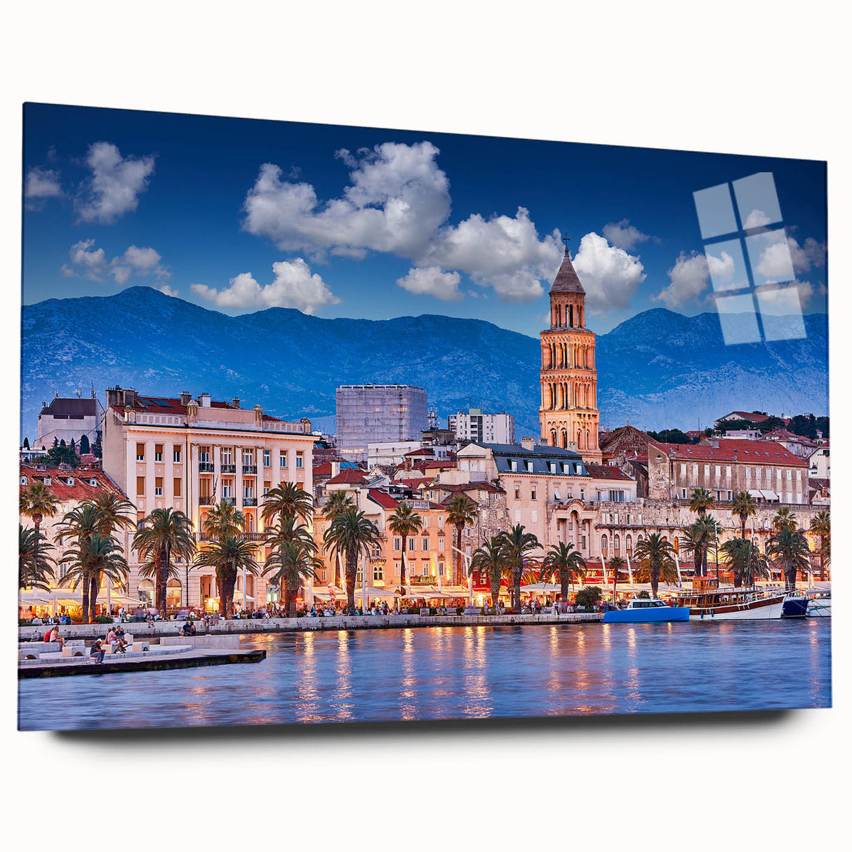 Acrylic print of a large abstract depiction of Croatian scenery in muted blue and green tones.