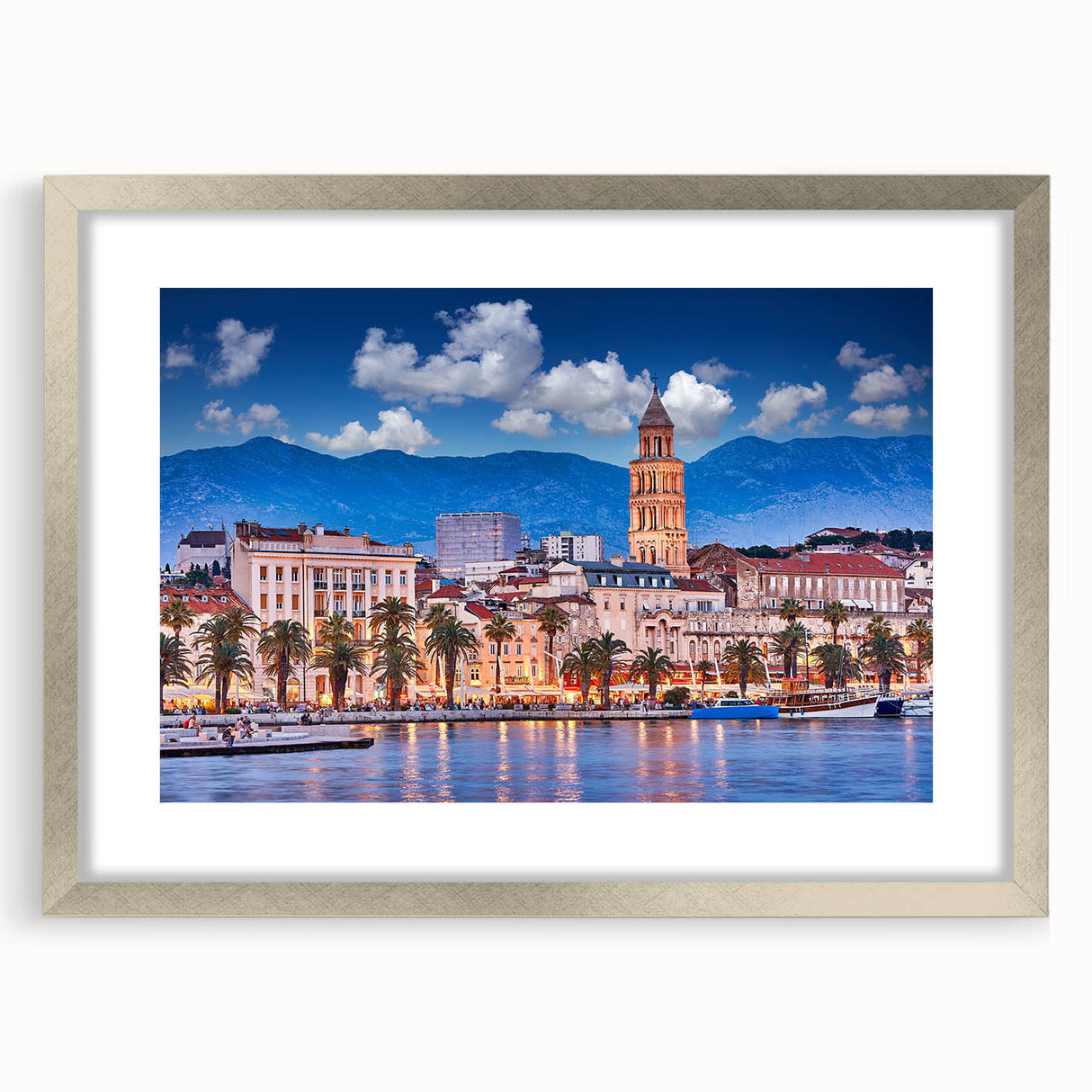 Abstract art print of a European Croatian landscape in muted earth tones on a framed silver mat, ideal for dining room decor.