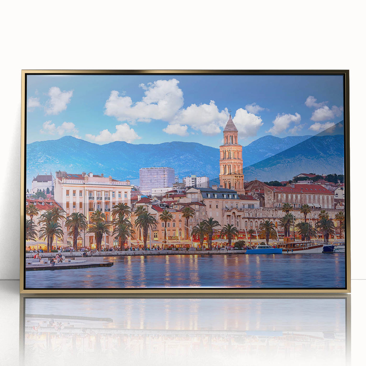 Acrylic print of a European Croatian landscape in muted green and blue tones, framed in gold.