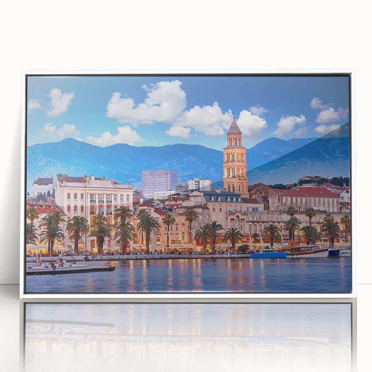 Mid-century modernist art depicting a Croatian landscape in muted earth tones on a white framed acrylic.