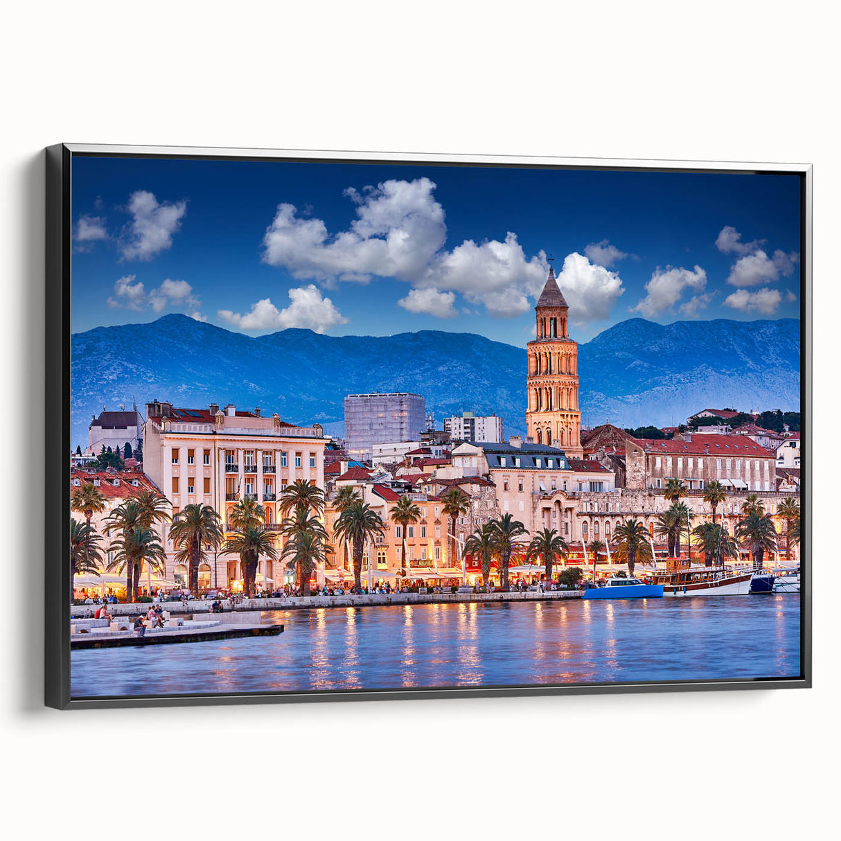 Black and white framed canvas depicting a vintage Croatian landscape, ideal for bedroom wall decor.