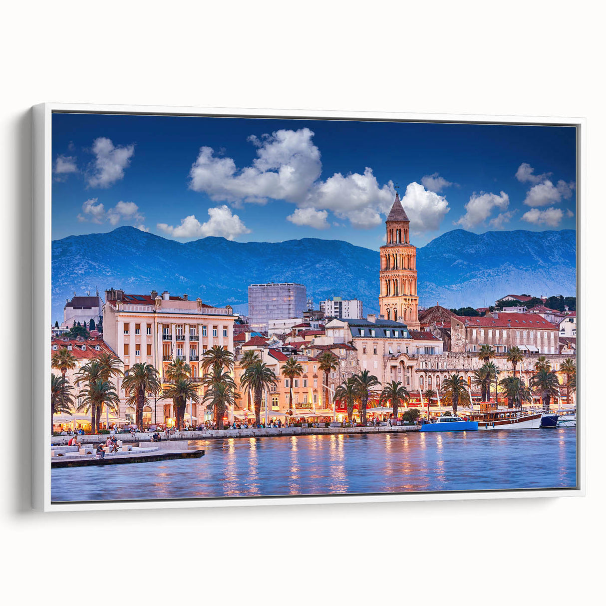 Framed canvas of a vintage-style Croatian landscape, featuring vibrant hues and black borders, ideal for living room decor.