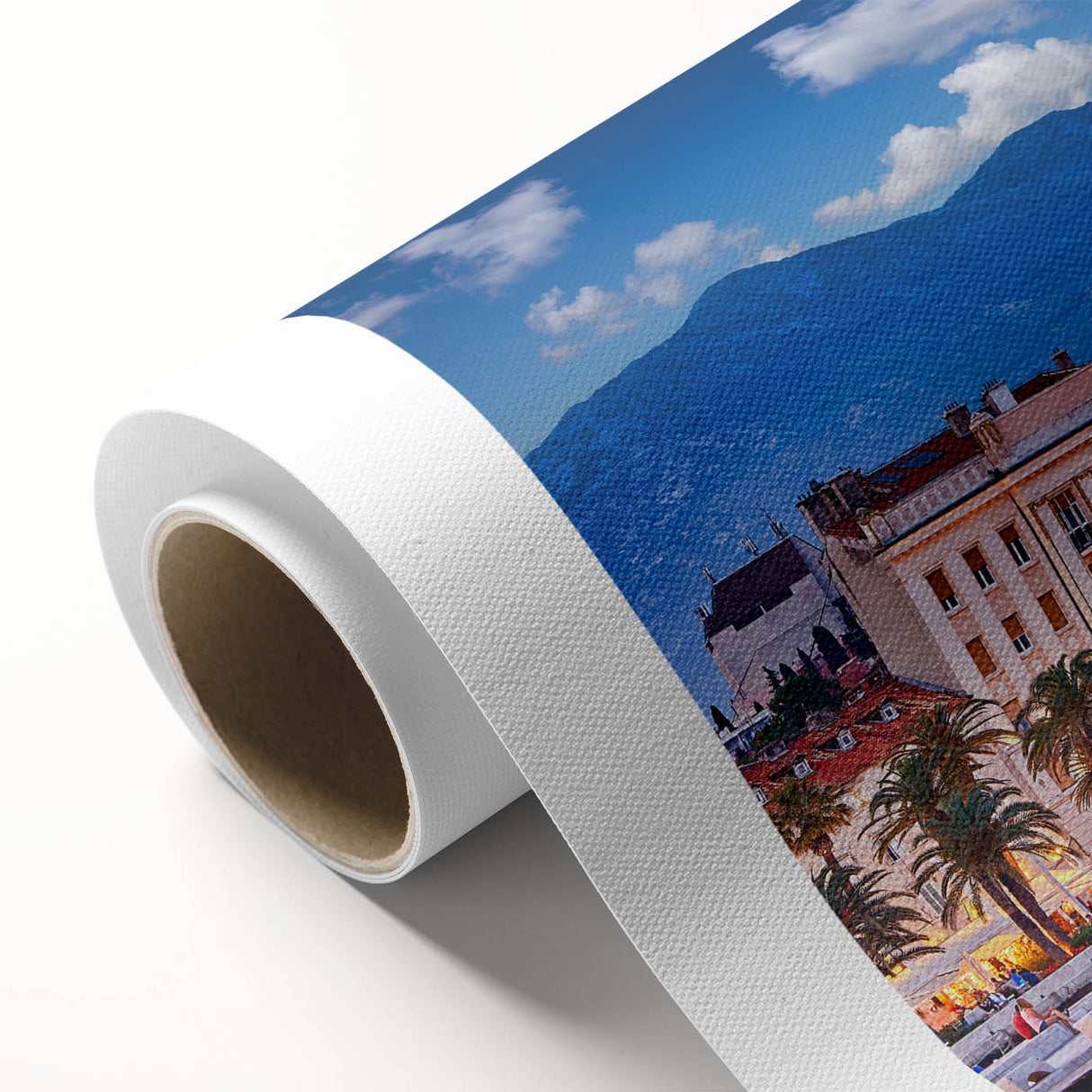 Art Deco style poster of a European scenery in Croatia with muted blues and greens on rolled canvas.