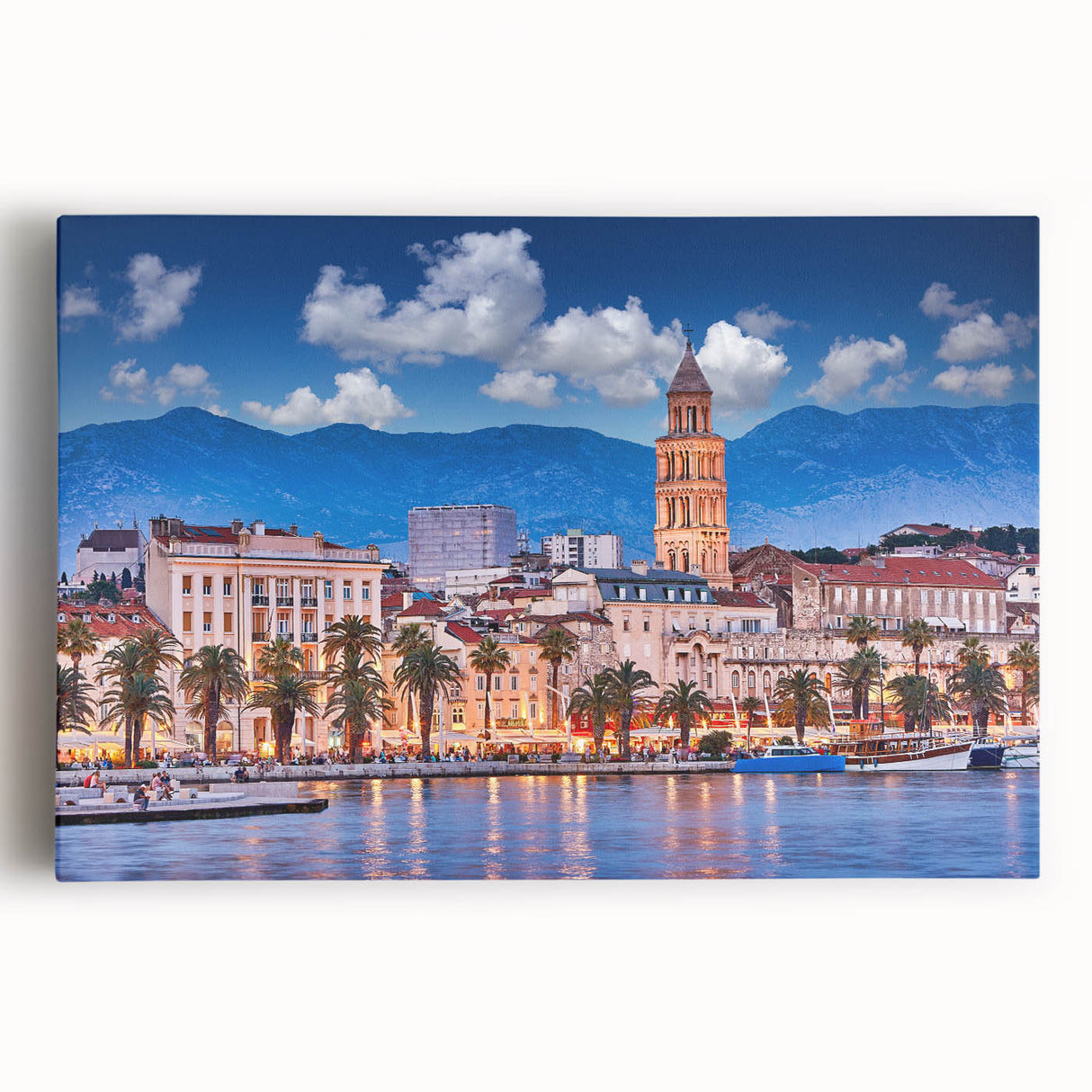 Black and white photograph of a Croatian coastal town on stretched canvas, ideal for kitchen wall art.