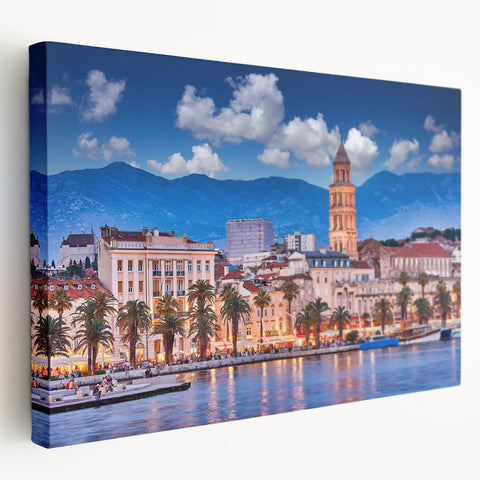 Large canvas print of a Croatian landscape in vibrant green and blue tones, suitable for kitchen wall art.