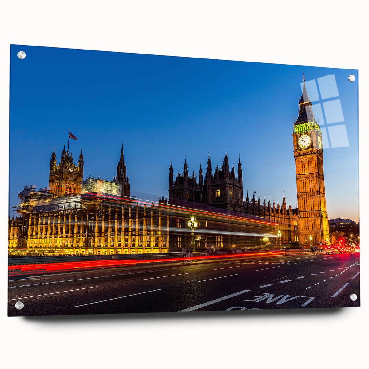Acrylic print of a large abstract London cityscape in muted gray and blue tones.