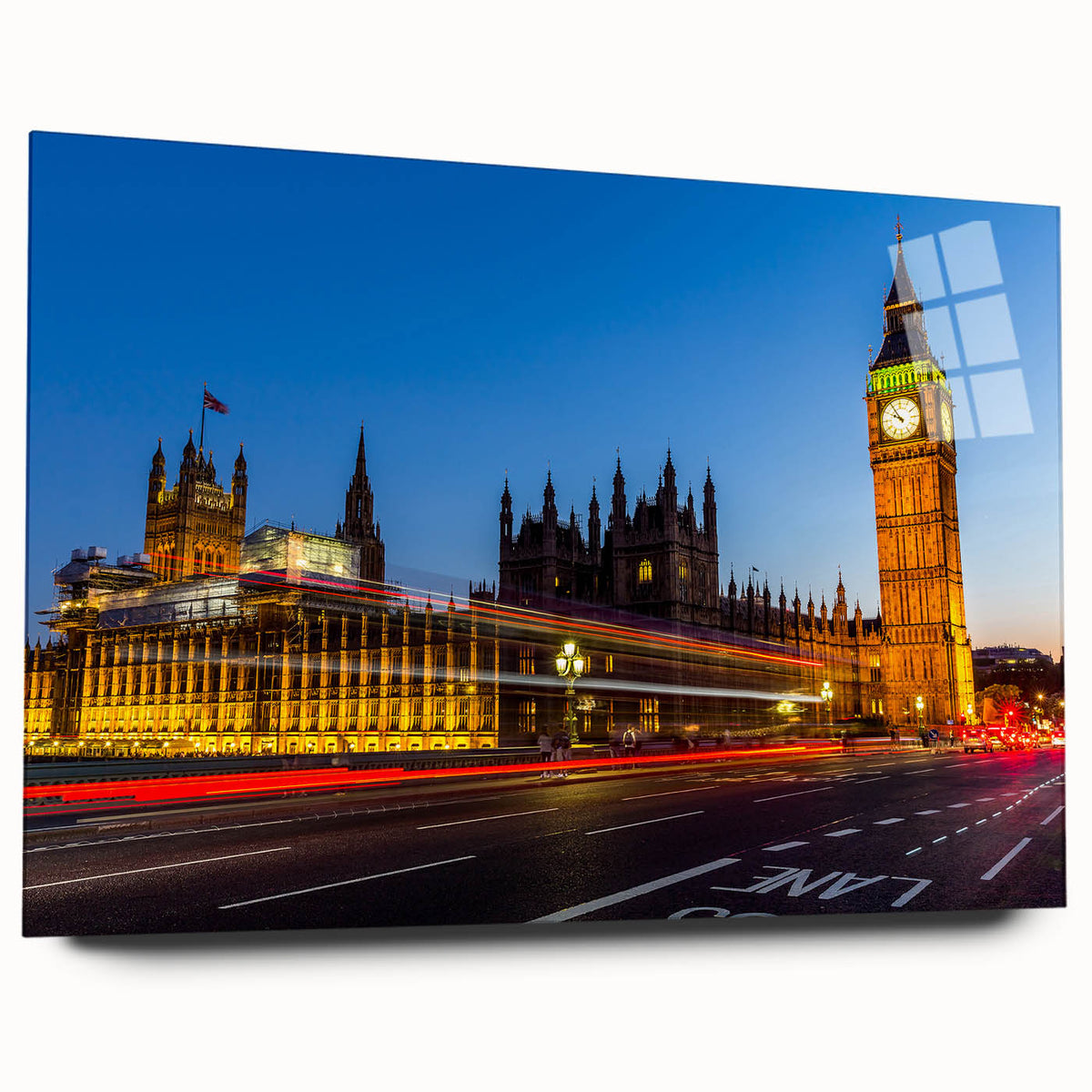 Acrylic print of a large abstract depiction of the London skyline in muted gray and blue tones.