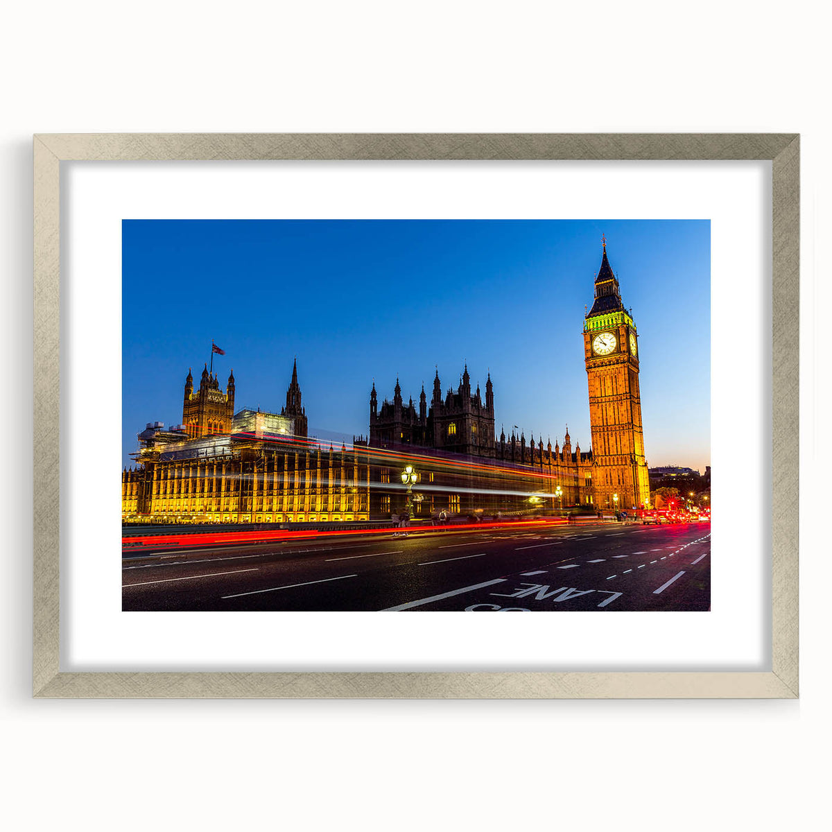 Extra large abstract art print of London scenery in muted gray and blue tones, framed with a silver mat.