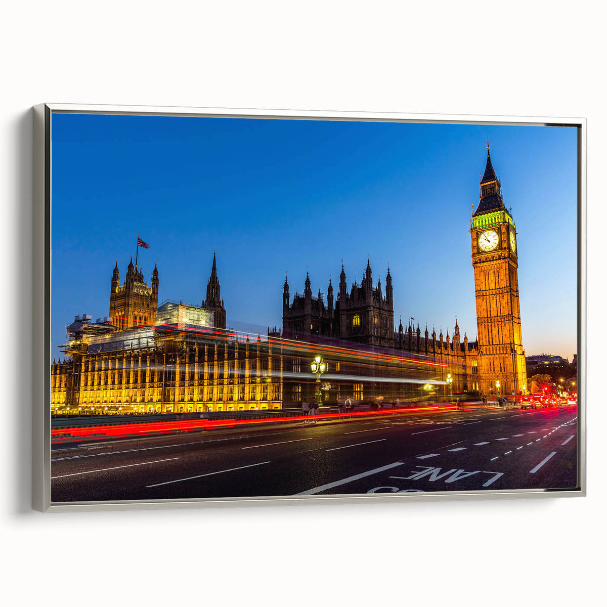 Landscape art painting of London on framed canvas, featuring muted gray and colorful skyline, ideal for office decor.