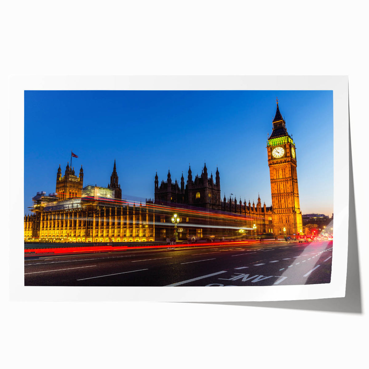 Extra large rolled print of London scenery with floral accents in soft color tones, ideal for art wall dining room.
