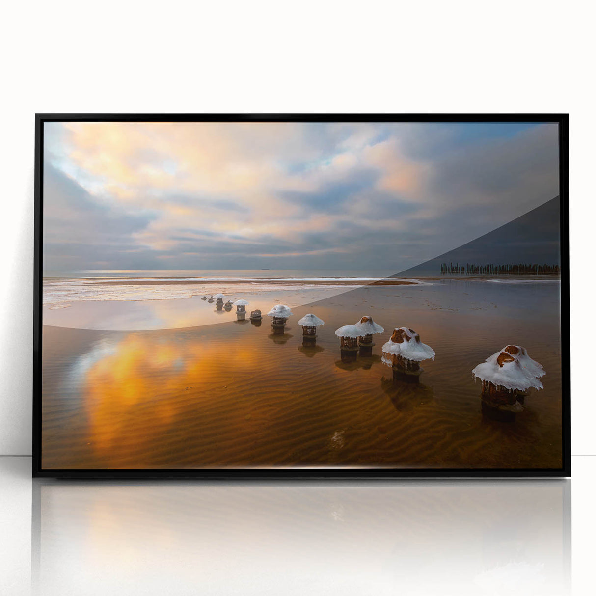 Large abstract wall art featuring a European Lithuanian scenery in muted earth tones, framed in black acrylic.