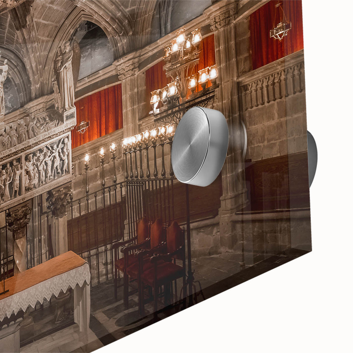 Large abstract wall art depicting Barcelona scenery in muted earth tones on acrylic glass, suitable for dining room ambiance.