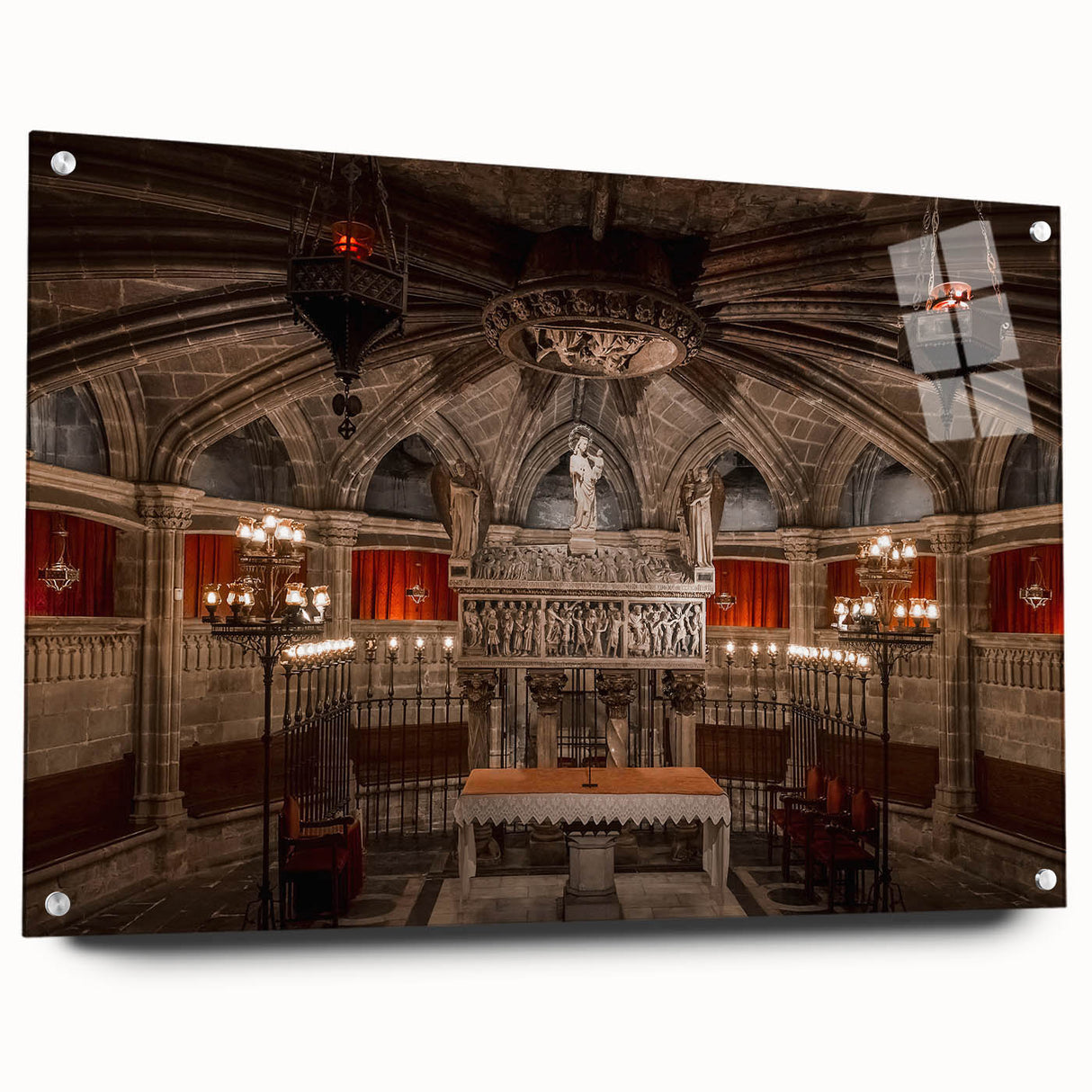 Large abstract depiction of Barcelona on acrylic glass, featuring vivid blue and orange tones.