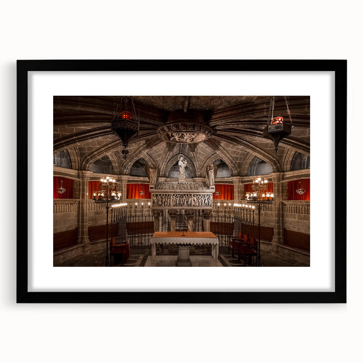 Extra large abstract art print of colorful, textured Barcelona scenery on a black framed canvas, ideal for living room decor.