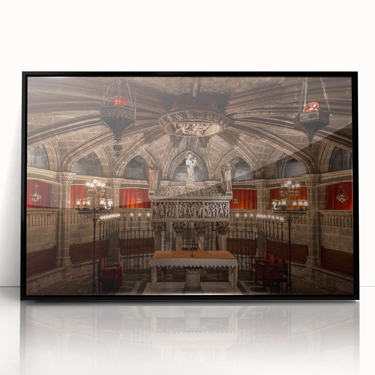 Large abstract wall art depicting a vibrant Barcelona cityscape in mid-century modernist style on black framed acrylic.