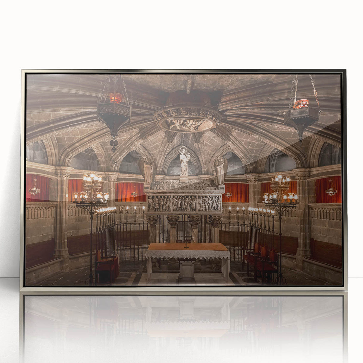 Large art print of Barcelona skyline in muted gray tones on a framed acrylic, ideal for modern art wall decor.