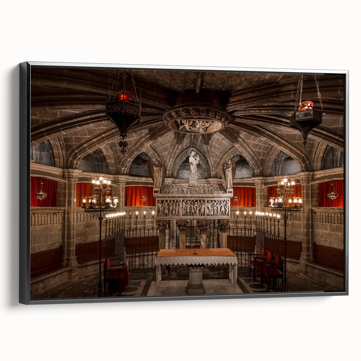 Black and white framed canvas of a vintage Barcelona landscape, ideal for bedroom wall decor.