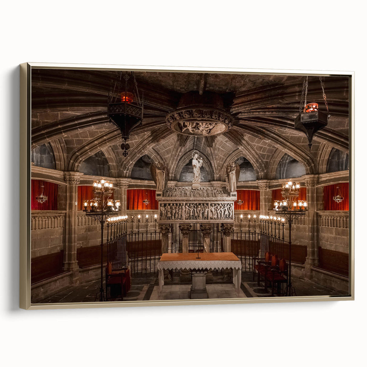 Framed canvas wall art featuring a vintage poster of a Barcelona landscape in black and gold tones, ideal for bedroom decor.