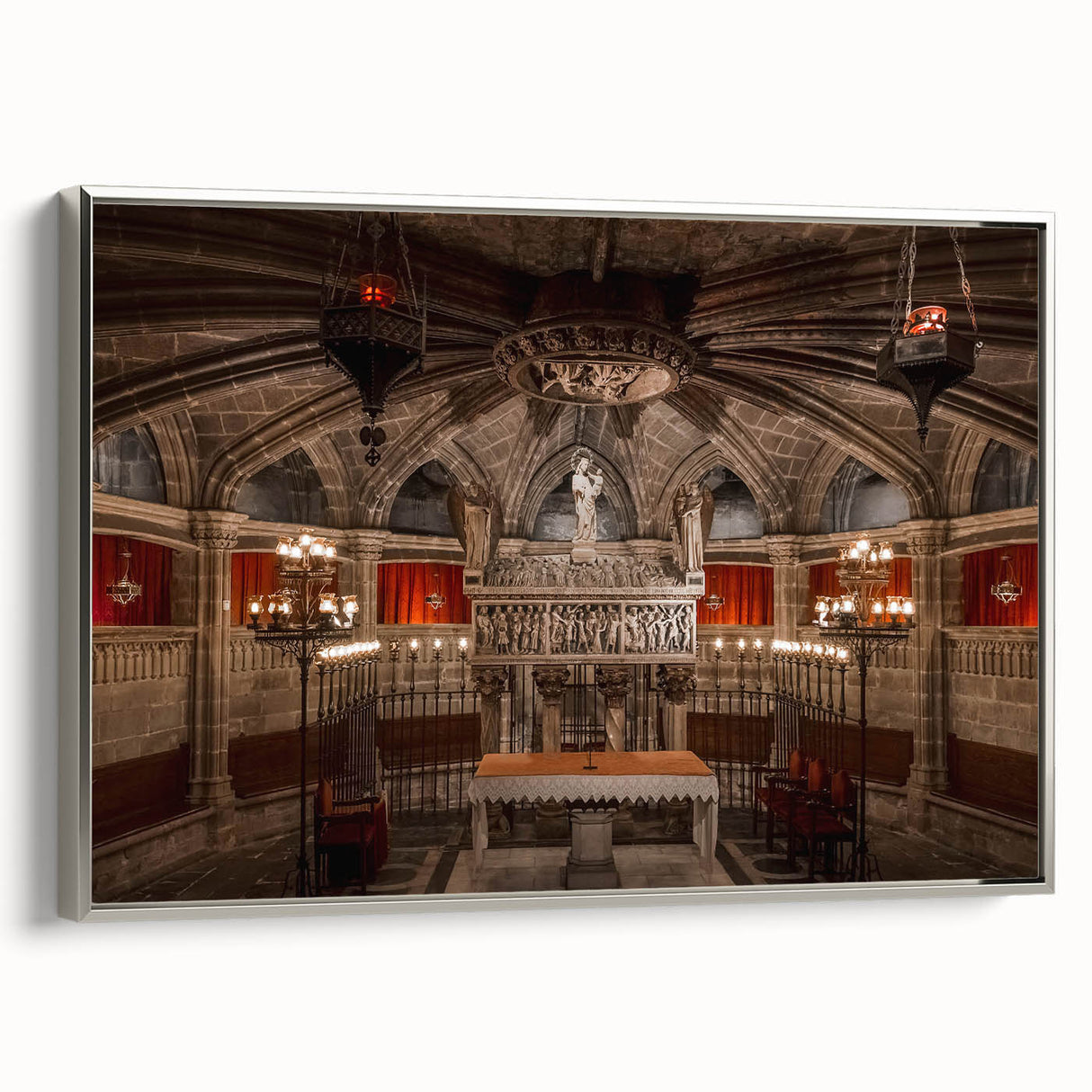 Landscape art painting of Barcelona with colorful elements and vintage poster style, framed in silver.