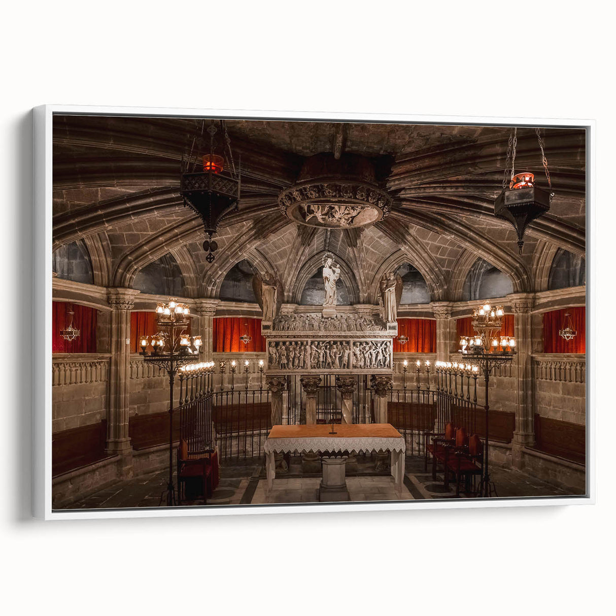 Vintage poster art of Barcelona skyline in vibrant colors on extra large framed canvas, ideal for living room decor.