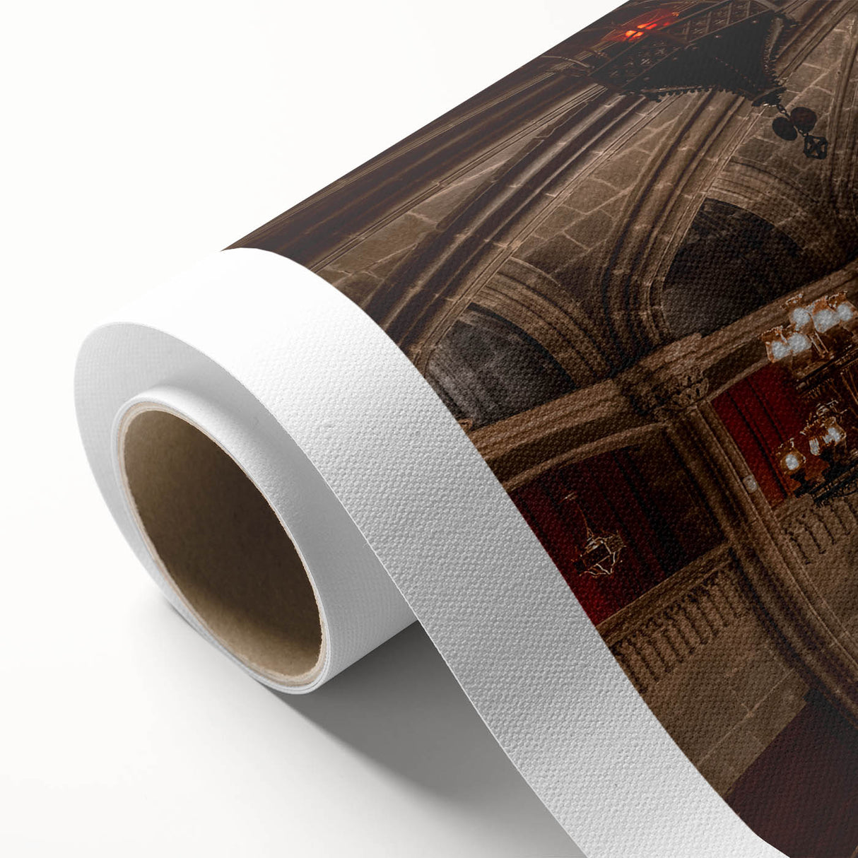 Art Deco poster of Barcelona scenery on rolled canvas, with pastel colors, ideal for nursery wall art.