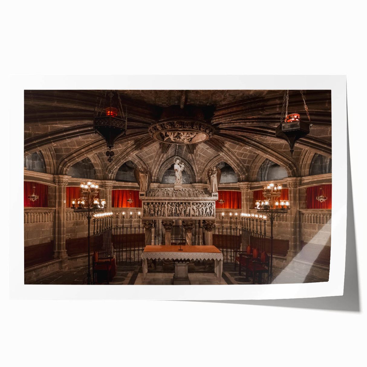 Rolled print of Barcelona scenery with lush floral elements in vibrant colors, suitable for dining room wall art.