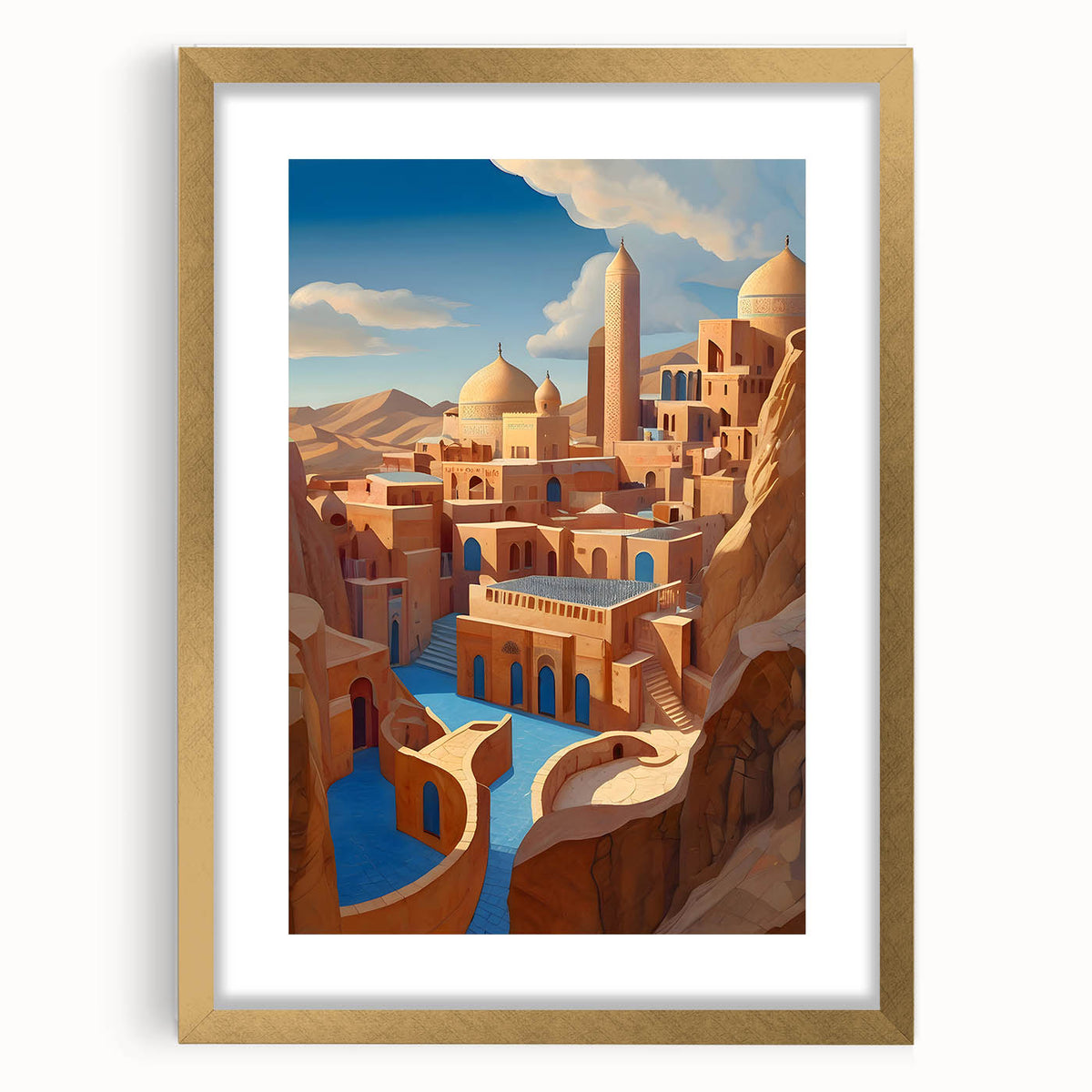 Extra large abstract art print featuring textured scenery of Middle Eastern landscape in gold frame.