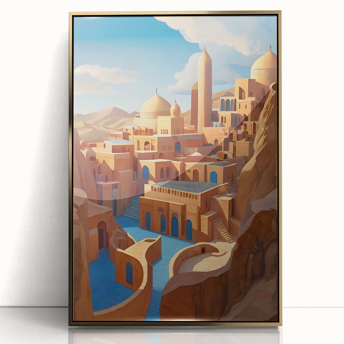 Mid-century modernist acrylic print of Iran scenery in gold and blue tones, framed, suitable for modern art wall decor.