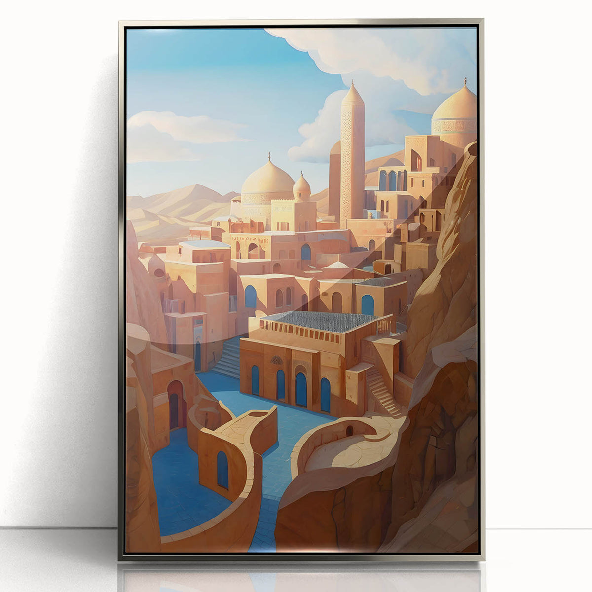 Mid-century modernist art of a Middle-Eastern scenery in Iran, with muted earth tones, framed in silver acrylic.