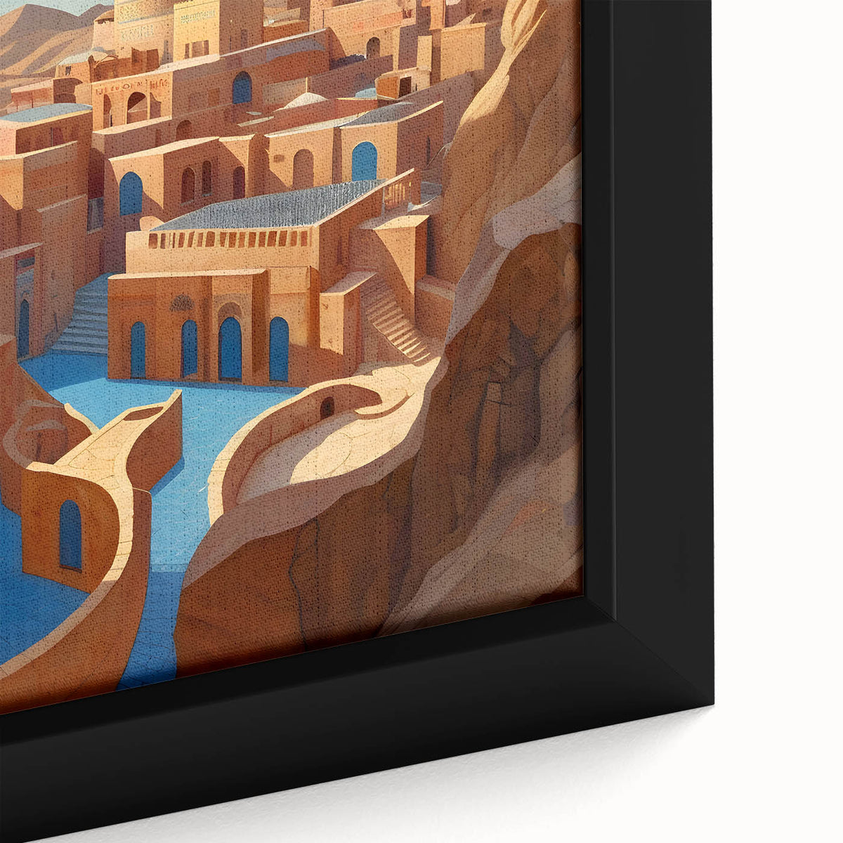 Extra large framed canvas of a textured, colorful Middle Eastern scenery in predominantly black tones.