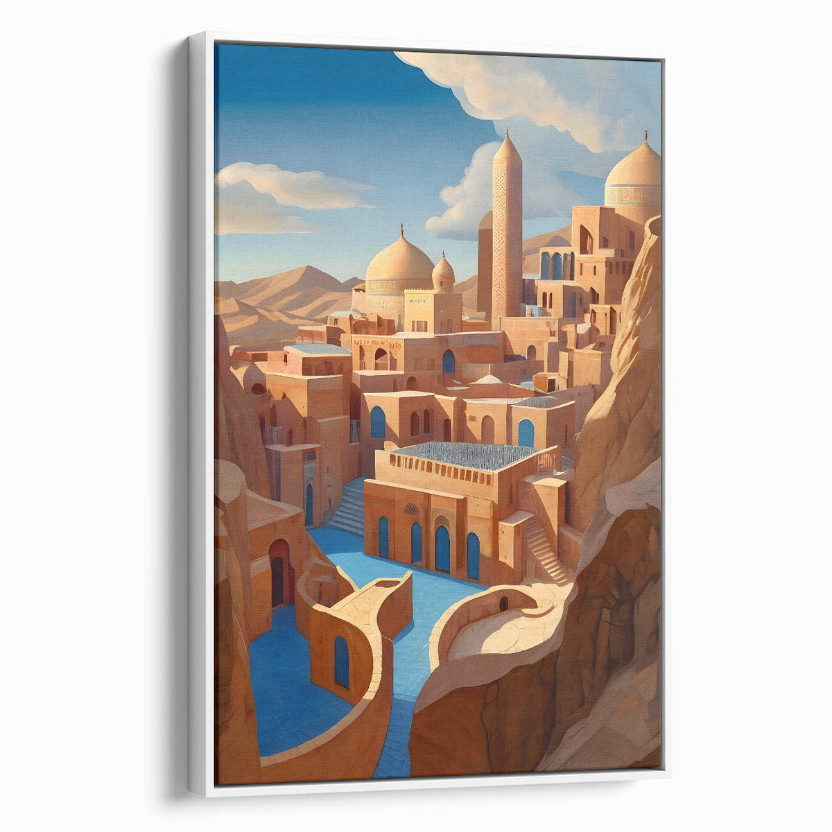 Vintage poster art of a Middle Eastern scenery on a framed canvas, featuring vibrant colors, ideal for living room decor.